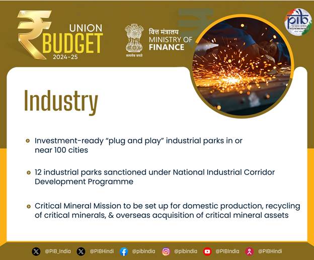 Twelve investment-ready “plug and play” industrial parks to be created under national industrial corridor development programme: union budget 2024-25